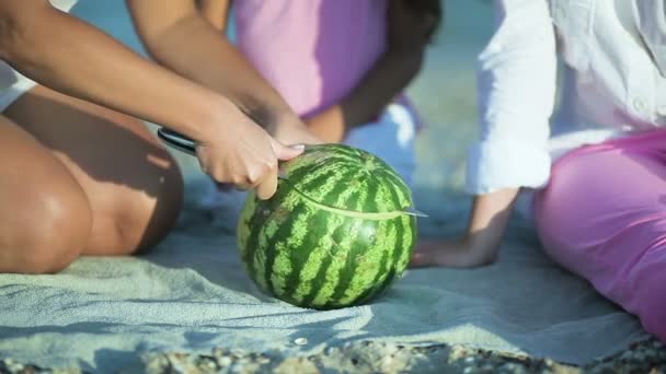 Moeder snijden watermeloen op het strand - Video