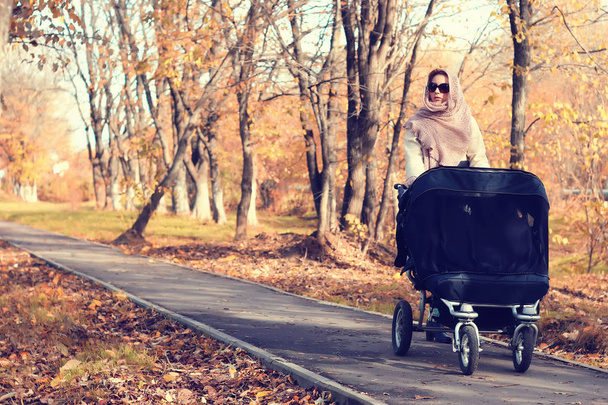мать в парке коляска осенью
 - Фото, изображение