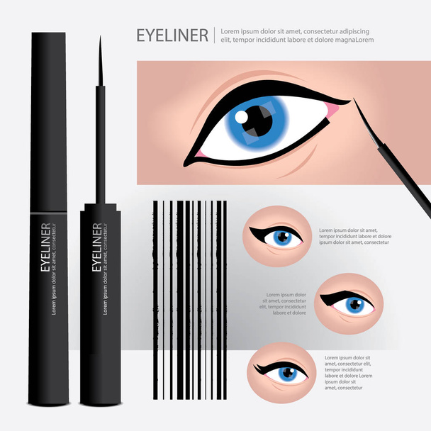 Eyeliner συσκευασία με τους τύπους μακιγιάζ των ματιών - Διάνυσμα, εικόνα
