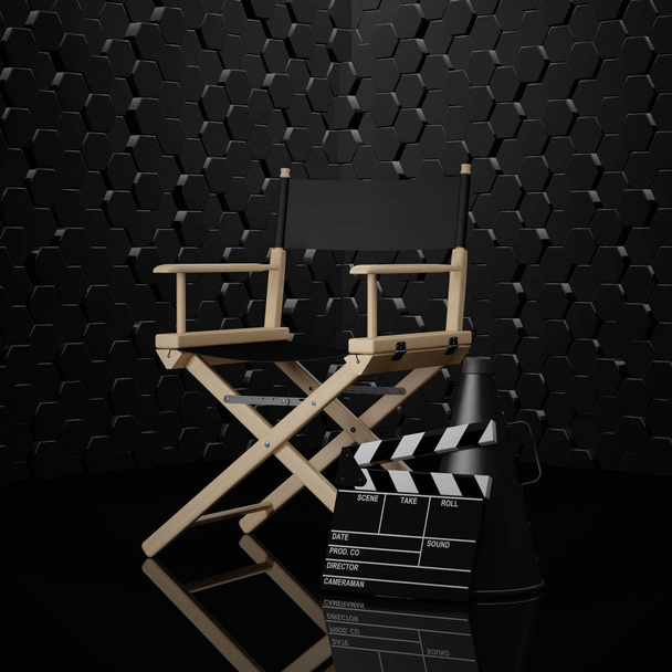 Έννοια βιομηχανία κινηματογράφου. Καρέκλα σκηνοθέτη, ταινία Clapper και Megap - Φωτογραφία, εικόνα