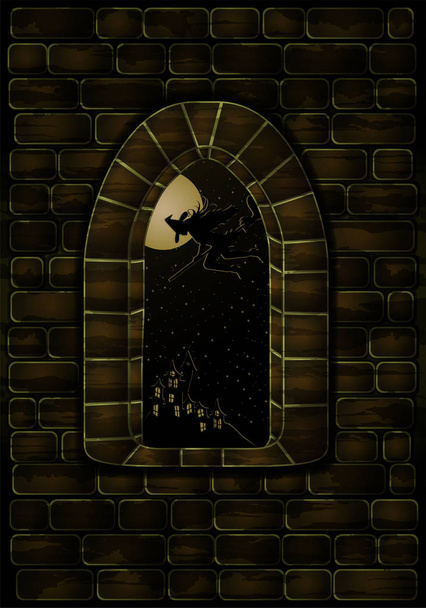 Medieval window and witch. Happy halloween card, vector illustration - Vektori, kuva