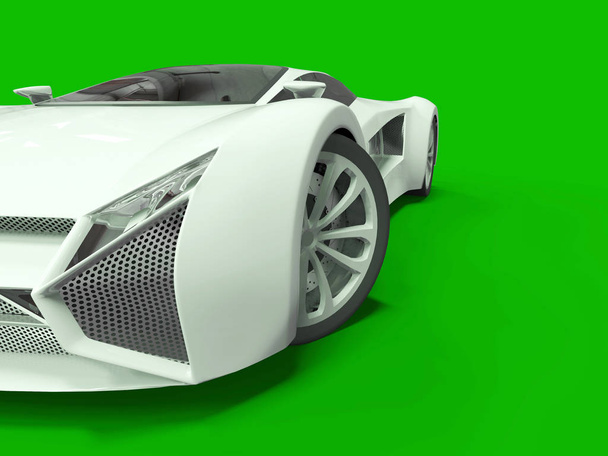 Концептуальный высокоскоростной белый спортивный автомобиль. Зеленый цвет фона. Блеск и мягкие тени. 3d-рендеринг
. - Фото, изображение