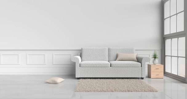 Witte kamer versierd met crème sofa, boom in glazen vaas, crème kussens, houten nachttafel, venster, Cream tapijt wit cement muur is het patroon, witte cement vloer. 3D-rendering. - Foto, afbeelding