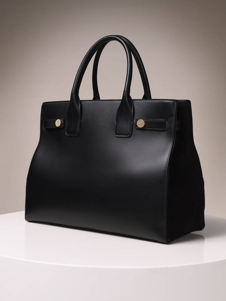 Magnifique sac en cuir féminin noir de luxe sur fond beige
 - Photo, image