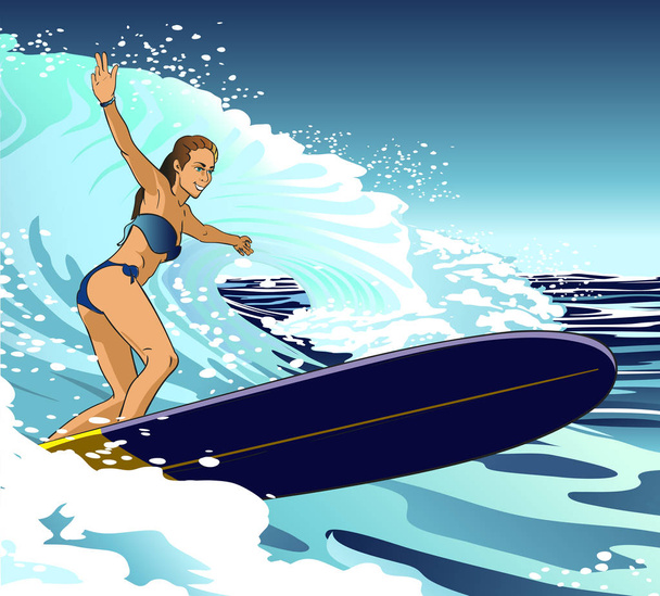 menina surfar nas ondas
 - Vetor, Imagem