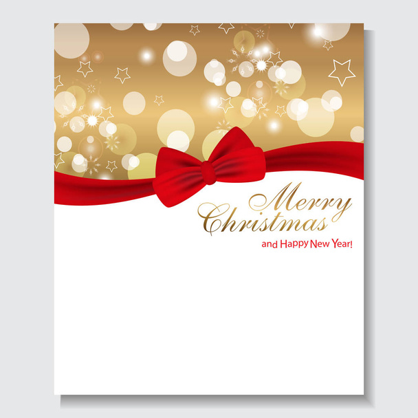 Gold holiday background with red bow for Christmas and New Year. Design for posters, banners or cards. Vector - Vetor, Imagem