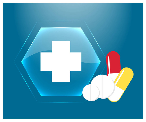 medizinisches Logo oder Emblem der Apotheke. blauer Glasknopf mit Kreuz, Tabletten und Pillen. Vektor  - Vektor, Bild