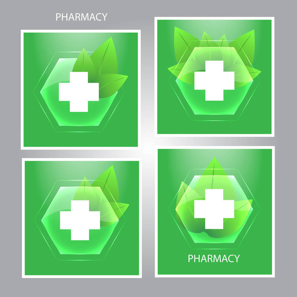 Lääkekyltti. Lääketieteellinen risti ja vihreät lehdet tunnus. Symboli terve. Terveydenhuollon ikoni. Vektori
 - Vektori, kuva