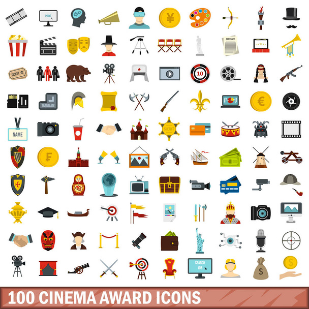 100 cinema award ikony set, ploché styl - Vektor, obrázek