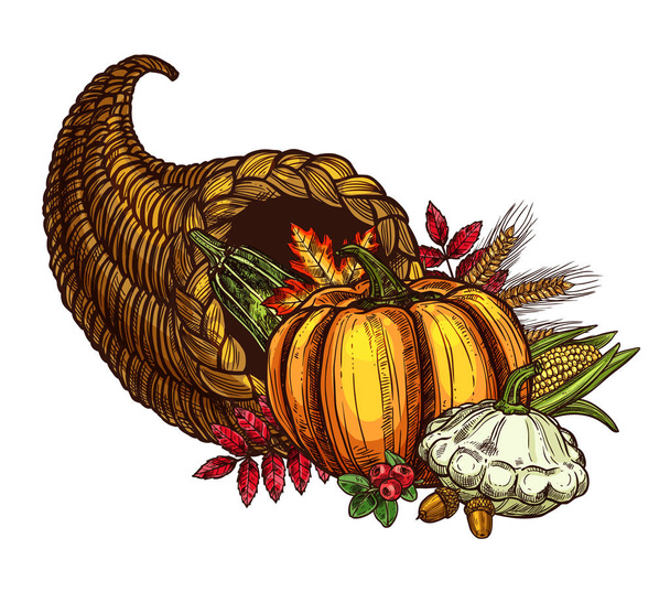 Thanksgiving day cornucopia vector sketch harvest - Vector, Image