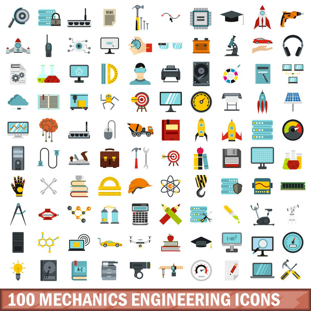 100 mechanics engineering icons set, flat style - Vector, Image