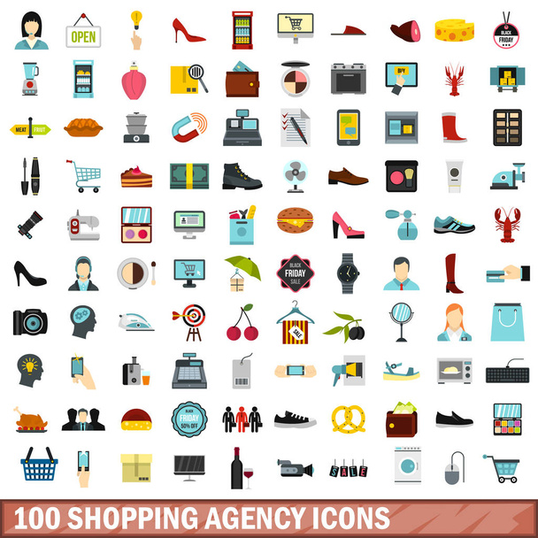 100 winkels Agentschap pictogrammen instellen, vlakke stijl - Vector, afbeelding