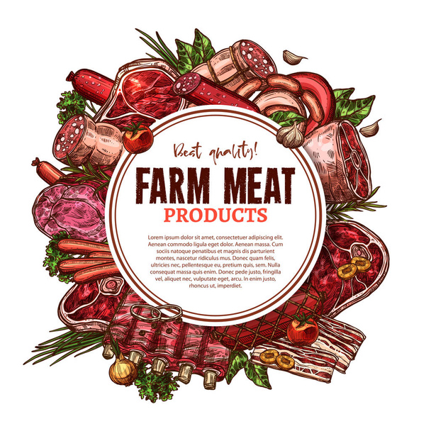 Vector schets boerderij vers vlees slagerij poster - Vector, afbeelding