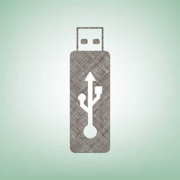Vector USB flash drive sign. Vector. Brown flax icon on green background with light spot at the center. - Vector, Image