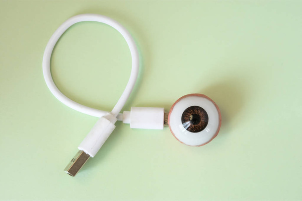 Forma 3D de bola de olho com conectado por cabo de carregamento, cabo ou para se conectar com outros dispositivos. Conceito de tecnologia biônica ou artificial órgão do olho (globo ocular) para tratamento ou diagnóstico de doenças
 - Foto, Imagem