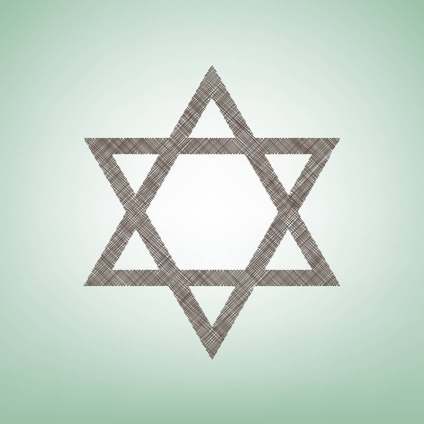 Escudo Magen David Star. Símbolo de Israel. Vector. Icono de lino marrón sobre fondo verde con punto de luz en el centro
. - Vector, Imagen