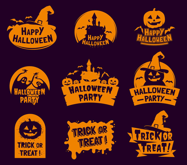 Set of stylized Halloween logos, badges, labels isolated on dark background. Happy Halloween traditional decorative elements. Applicable for greeting cards,invitations, posters, party flyers. - Vetor, Imagem