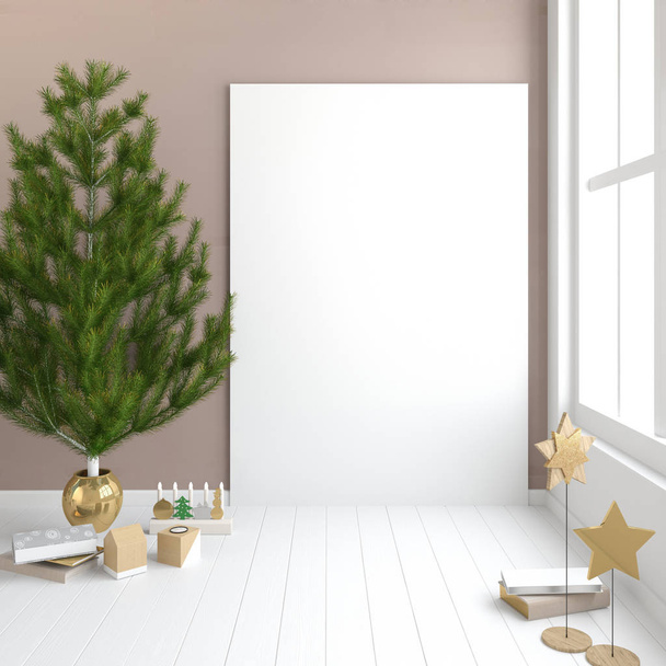 Nowoczesne wnętrze Christmas stylu skandynawskim. ilustracja 3D - Zdjęcie, obraz