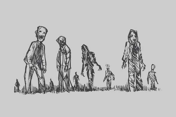 Vektör çizim şehirde yürüyüş zombi kalabalık kavramı Cadılar Bayramı. - Vektör, Görsel