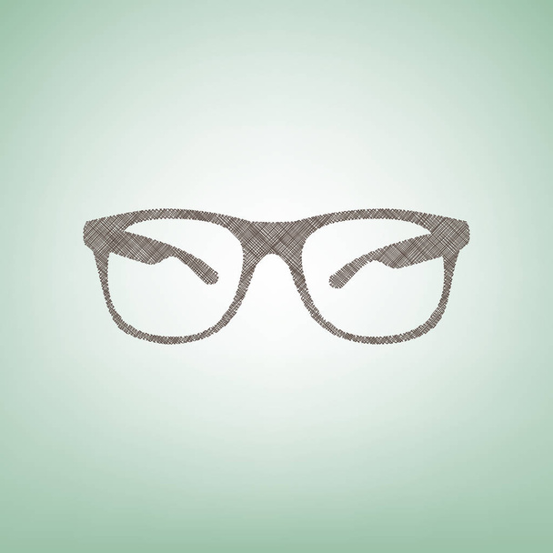 Sonnenbrille Zeichen Illustration. Vektor. braunes Flachssymbol auf grünem Hintergrund mit hellem Fleck in der Mitte. - Vektor, Bild