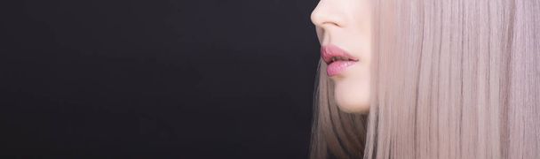 Closeup pink lips and purple hair - Foto, Imagen