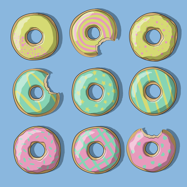 Illustration of sweet colored donuts of yellow, pink and green on a blue background - Fotó, kép