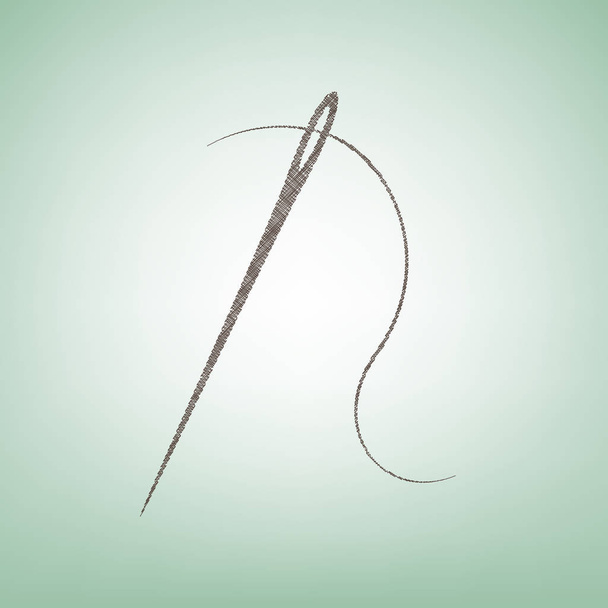 Needle with thread. Sewing needle, needle for sewing. Vector. Brown flax icon on green background with light spot at the center. - Vector, Image