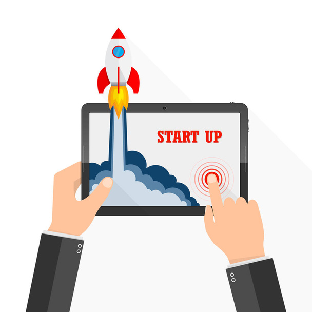 The spacecraft crashes outside tablet screen. Vector illustration. Concept of business start-up. - Vector, Image