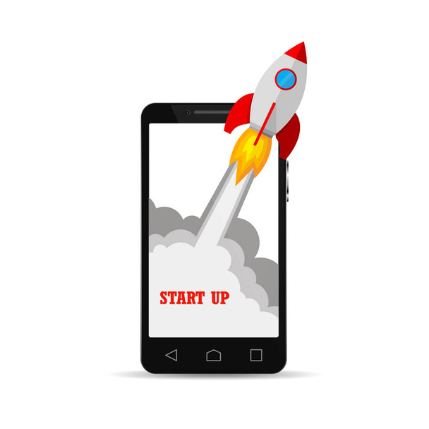The spacecraft crashes outside smartphone screen. Vector illustration. Concept of business start-up. - Vector, Image