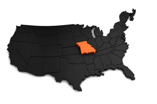 Amerikai Egyesült Államok, 3D-s fekete Térkép, Missouri állam narancs színnel jelölve. 3D render - Fotó, kép