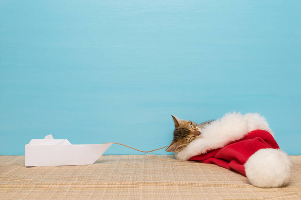 de raza Bengala gatito se quedó dormido en un sombrero rojo, después de jugar con el barco de papel
 - Foto, Imagen