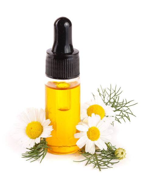 Bouteille à l'huile essentielle et fleurs de camomille fraîches isolées sur fond blanc - Photo, image