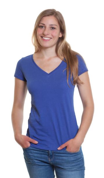 Cool german woman in a blue shirt looking at camera - Foto, imagen