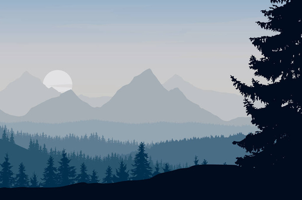 Vektor-Illustration einer Berglandschaft mit Wald unter dem morgendlich blaugrauen Himmel mit aufgehender Sonne und Wolken - Vektor, Bild