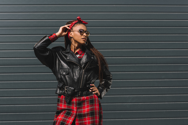 african american girl in leather jacket - Photo, Image