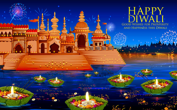 schwimmende Diya im Fluss auf glücklichen Diwali Urlaub Hintergrund für Licht-Festival von Indien - Vektor, Bild