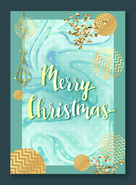 Рождественский плакат или фон, шаблон приглашения на вечеринку с золотым блеском, текстура мрамора и металлической фольги, буквы, баннер зимних праздников, модная векторная иллюстрация
 - Вектор,изображение