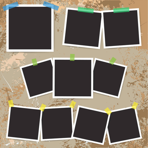 Set of vintage photo frame with adhesive tape on grunge background. - Vector, Image