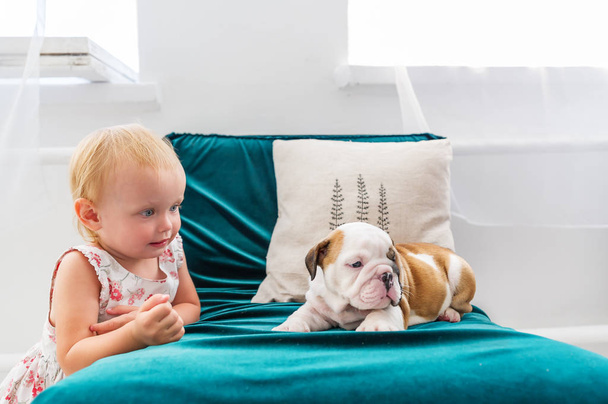 Mała dziewczynka świetnie się razem ze szczeniakiem Bulldog - Zdjęcie, obraz