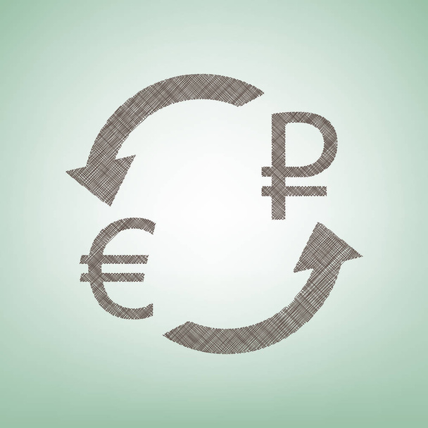 Wechselzeichen. Euro und russischer Rubel. Vektor. braunes Flachssymbol auf grünem Hintergrund mit hellem Fleck in der Mitte. - Vektor, Bild