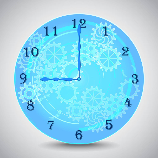 Modré mechanické hodiny s koly na šedém pozadí. Vektorové ilustrace - Vektor, obrázek