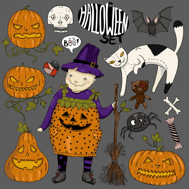 Big halloween colorful set with little girl witch, cat, scary faces pumpkins, heart, spider, candy, bones, skull, broom, teddy bear and bat  - Vektor, obrázek