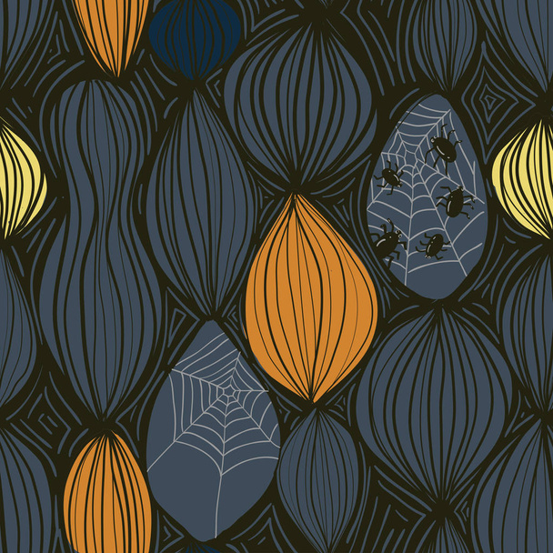 Seamless pattern with abstract round elements in gray, yellow and orange colors on dark background  - Vetor, Imagem