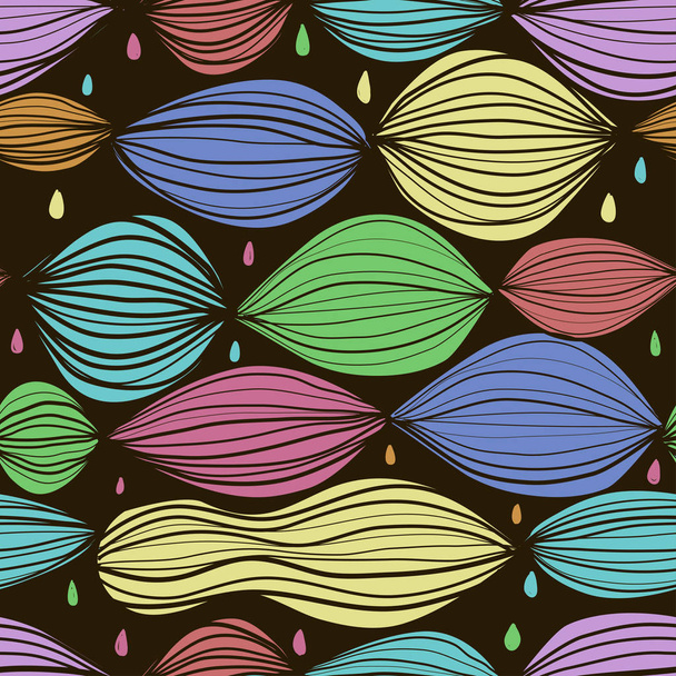 Seamless pattern with abstract round color elements and bright color drops in black background. - Vecteur, image