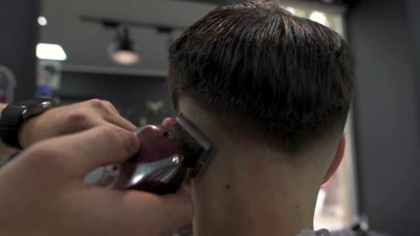 Barber shears the clients hair. - Imágenes, Vídeo