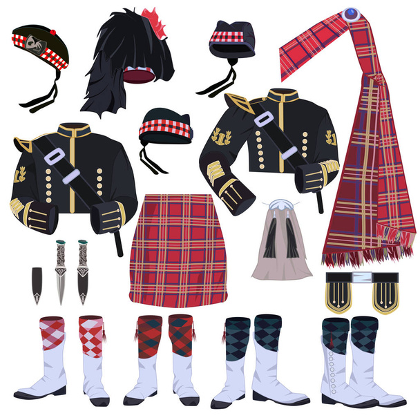 Scottish traditional clothing vector icon set - Vektor, Bild