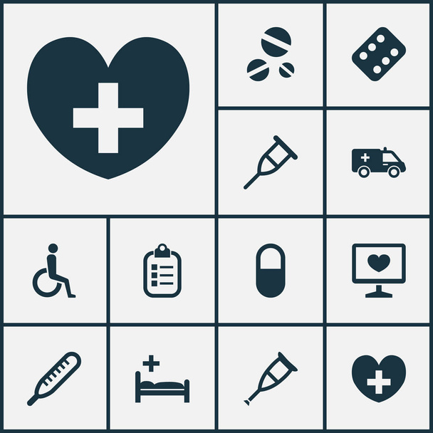 Medicine Icons Set. Coleção de deficientes, Stand, Mercury Elements. Também inclui símbolos como primeiros socorros, policlínica, diagnósticos
. - Vetor, Imagem