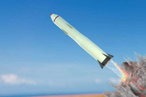 Lancering van nucleaire raket tegen blauwe hemel. 3D-gerenderde illustra - Foto, afbeelding
