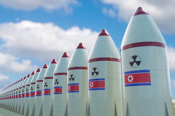 Багато ядерних ракет з північнокорейський прапор. 3D надані малюнок - Фото, зображення