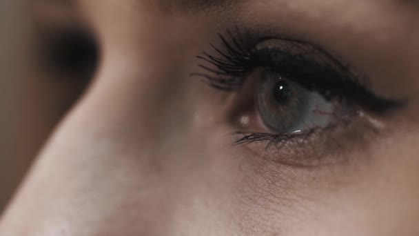 Blonde Frau, graue Augen blinzeln. schwarzer Wimperntusche und Eyeliner - Filmmaterial, Video
